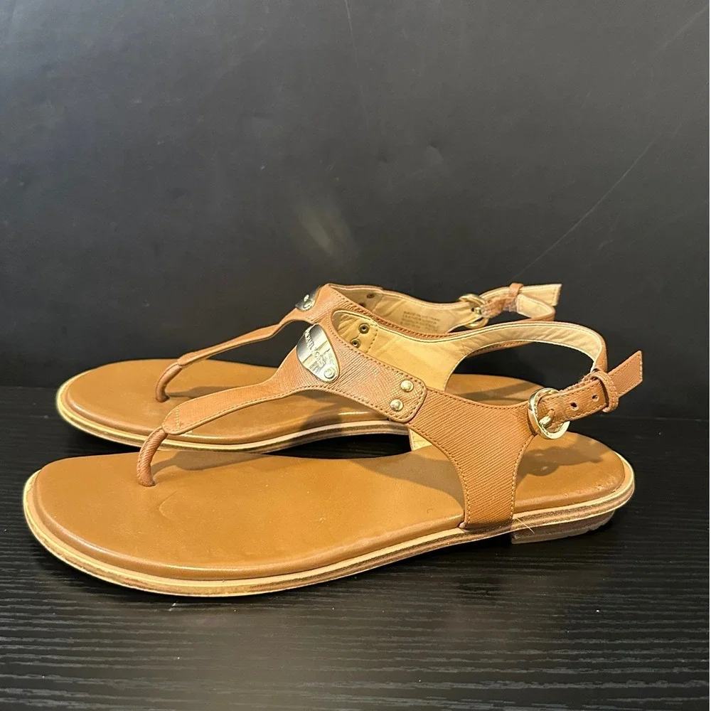 Michael Kors‎ Plate Thong Sandals Luggage Brown Leather Flat 8.5M PV17K